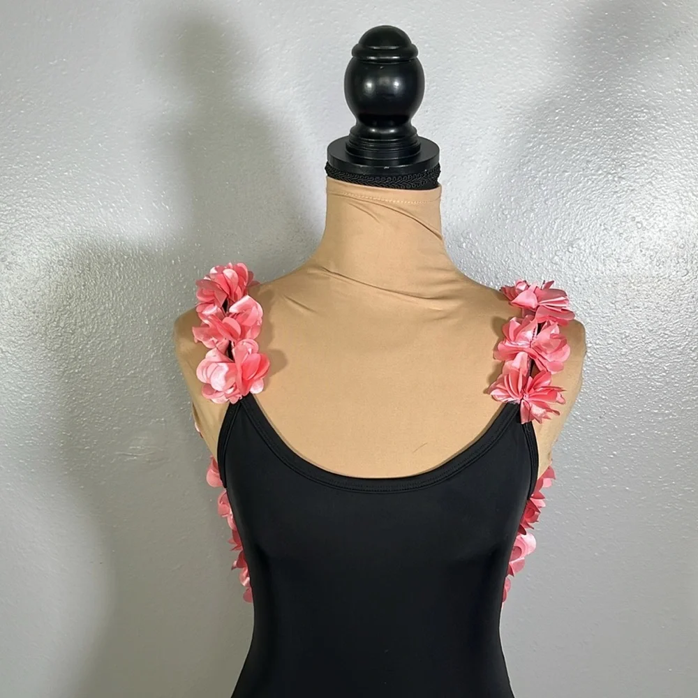 Black pink floral appliqué Scoop Back OnePiece cheeky Swimsuit S coquette resort - Picture 8 of 11